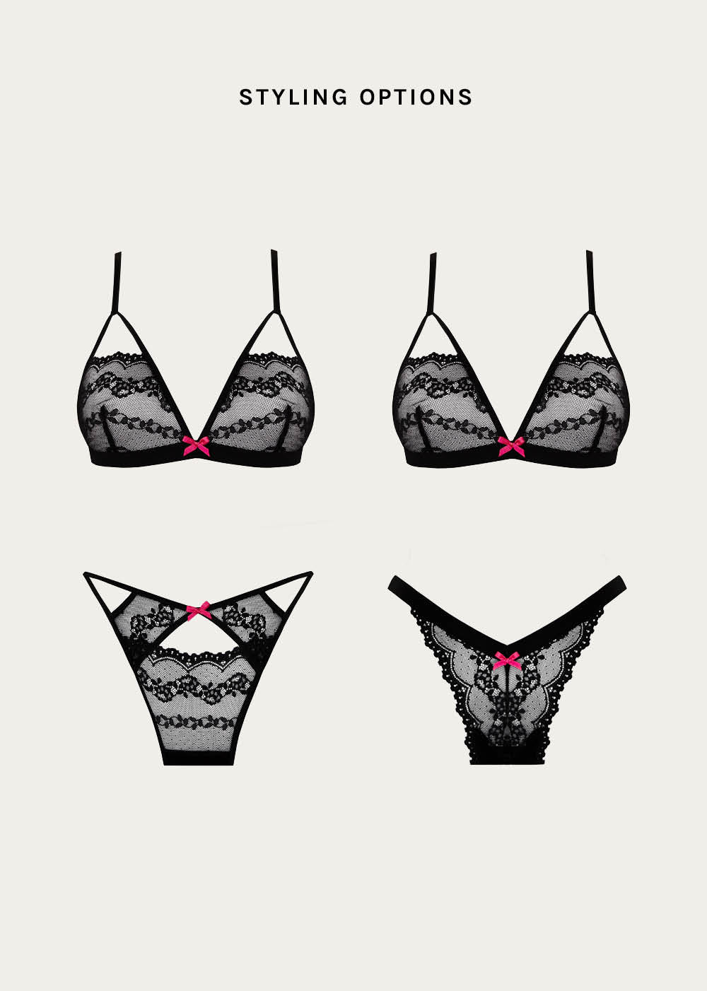 Options how to mix and match our black lace lingerie with pink bows.