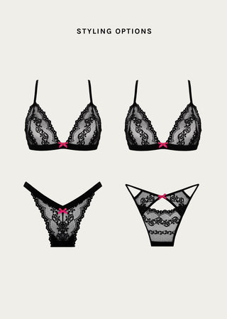 Options how to mix and match our black lace lingerie with pink bows.