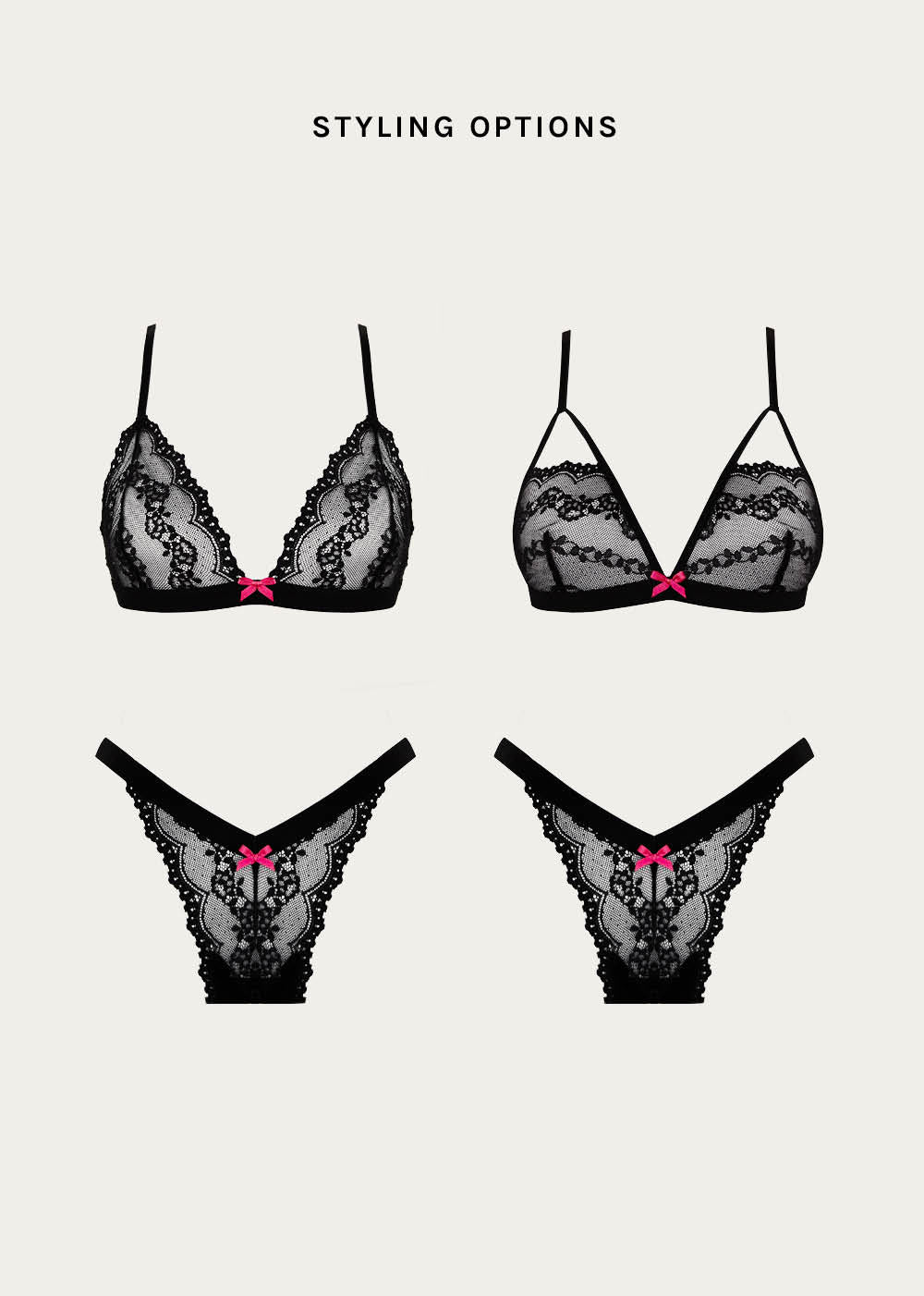 Options how to mix and match our black lace lingerie with pink bows.